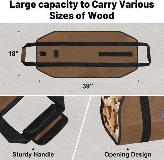 FEED GARDEN Firewood Carrier Bag Heavy Duty Waxed Canvas Log Carrier for Firewood Large Log Tote Fire Wood Carrying Bag with Handles for Easy Transport Carrying and Wood Stove Accessories