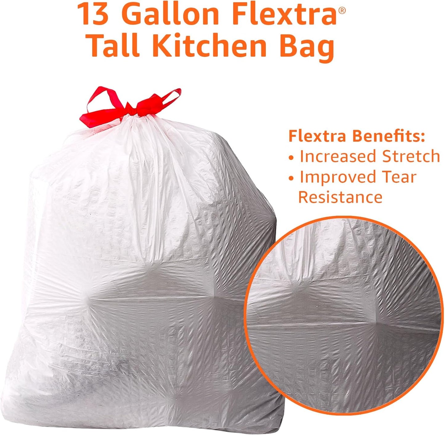 Amazon Basics 13 Gallon Tall Kitchen Drawstring Trash Bags, Flextra Strength, Tear Resistant, 10% Post Consumer Recycled, 90 Count, White