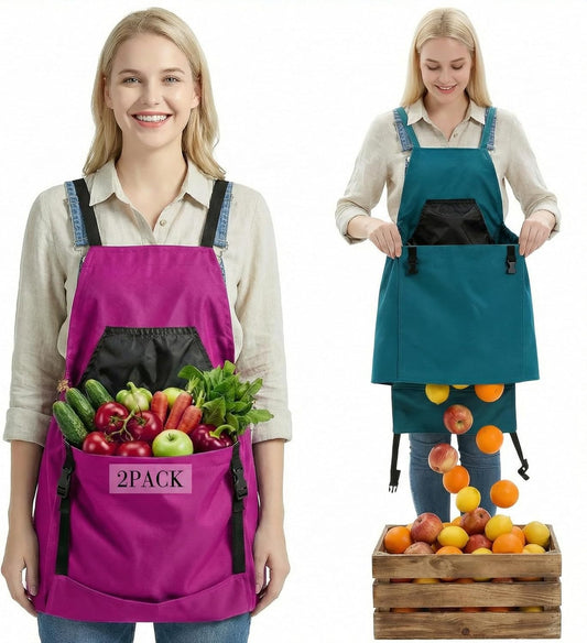 Cuffbow 2 Pack Harvest Gardening Aprons with Pockets for Women & Men Garden Picking Apron with Fast-release Buckle for Fruit Picking & Harvesting Gardening Tool Gifts for Mom Dad(fuchsia & turquoise)
