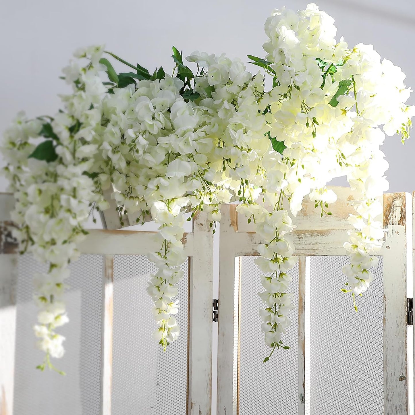 Wisteria Hanging Flowers, Spring Fake Flower for Vase, 2Pcs Silk Wisteria UV & Fading Resistant Faux Plant for Wedding Arch Backdrop Outdoor Patio Garden Decoration Centerpiece Table (White)