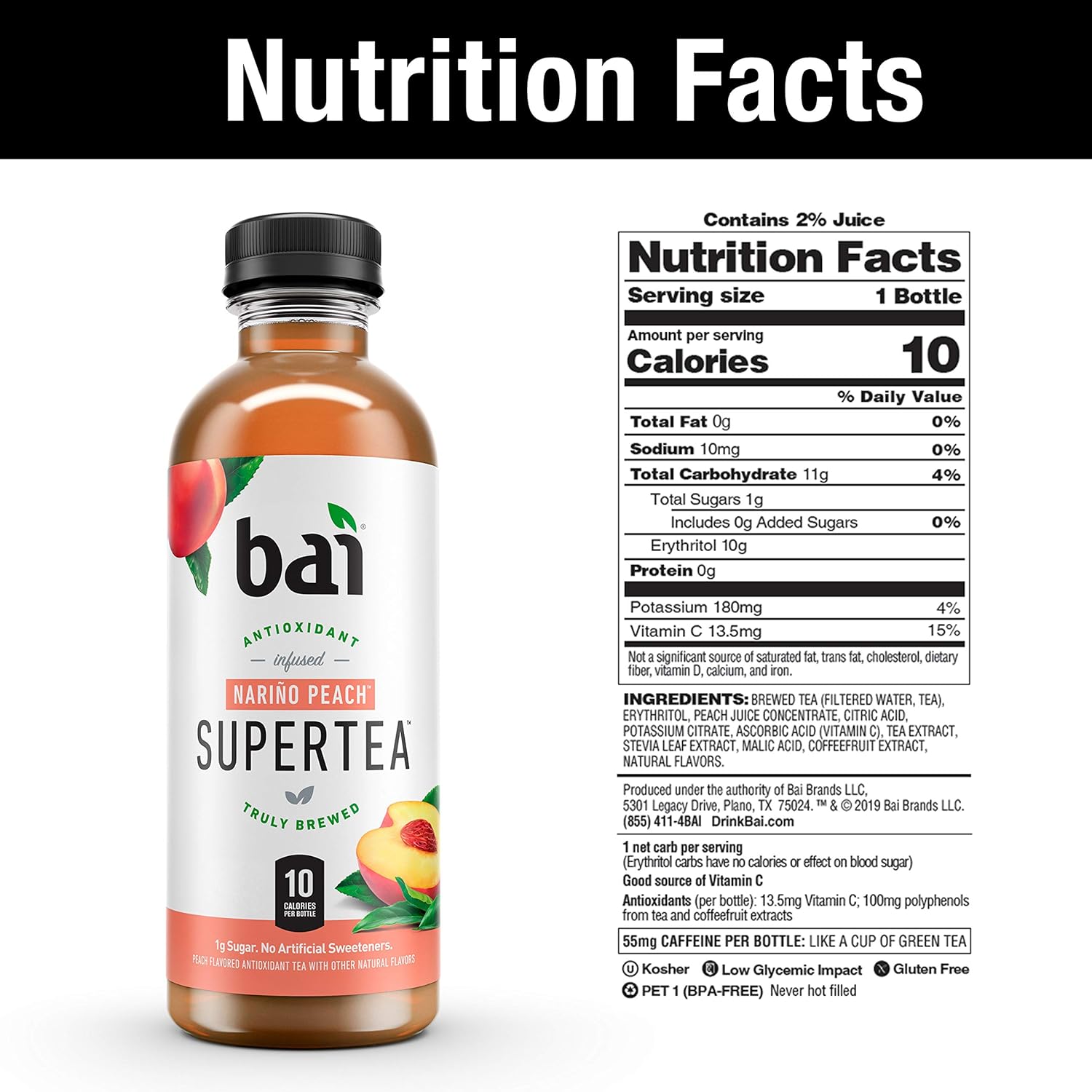 Bai Iced Tea, Narino Peach, Antioxidant Infused Supertea, Crafted with