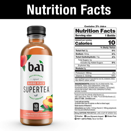 Bai Iced Tea, Narino Peach, Antioxidant Infused Supertea, Crafted with