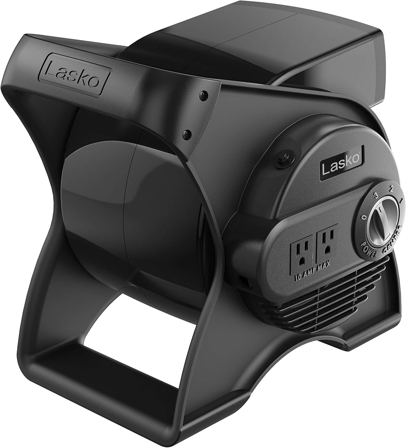 Lasko Portable Utility Fan, 12” 289 CFM Pivoting High Velocity Air Mover Blower Fan, 3 Speeds, 2 Accessory Outlets 120V, Black, U12104