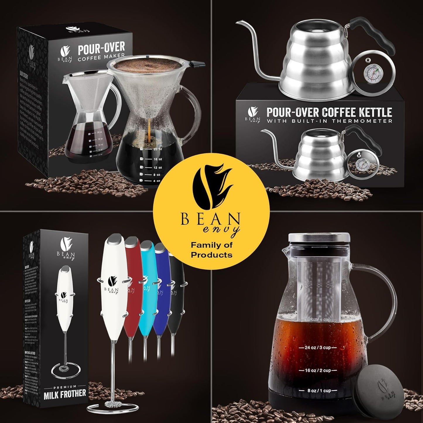 Bean Envy Milk Frother, Coffee Stirrers, Frother Wand, Milk Frother Handheld, Frother with stand, Hand Blender for Coffee, Lattes, Cappuccino, Matcha and Hot Chocolate – Kitchen Gifts - Black
