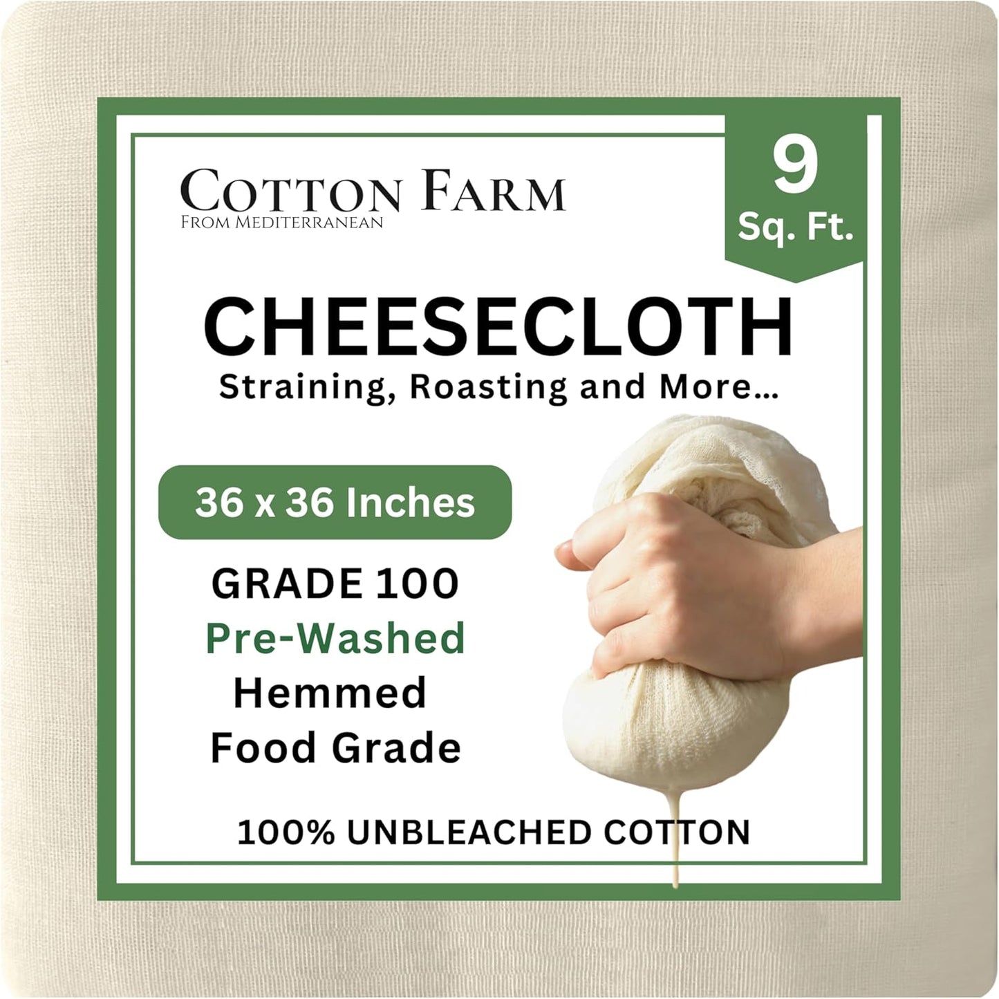 Cotton Farm Grade 100 XL Cheese Cloth for Straining & Cooking; 36x36 Inch; 100% Unbleached Cotton Cheesecloth; Reusable with Finished Edges, Butter Muslin