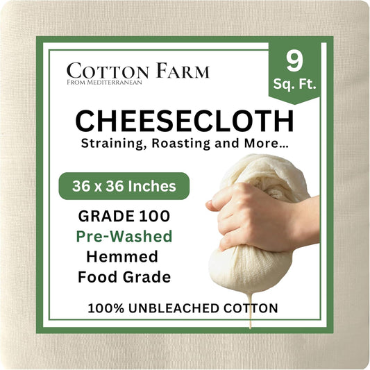 Cotton Farm Grade 100 XL Cheese Cloth for Straining & Cooking; 36x36 Inch; 100% Unbleached Cotton Cheesecloth; Reusable with Finished Edges, Butter Muslin
