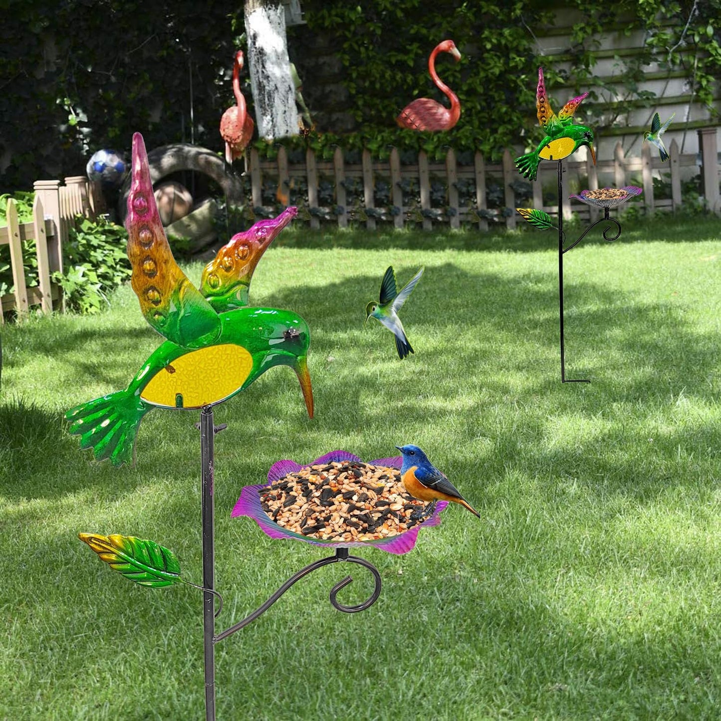 Outdoor Metal Bird Feeding Stake, Hummingbird Bath And Bird Feeding Platform for Garden Yard Backyard Decoration, Featuring a Bright Colorful Tray to Attract Wild Birds (Hummingbird feeder stake)