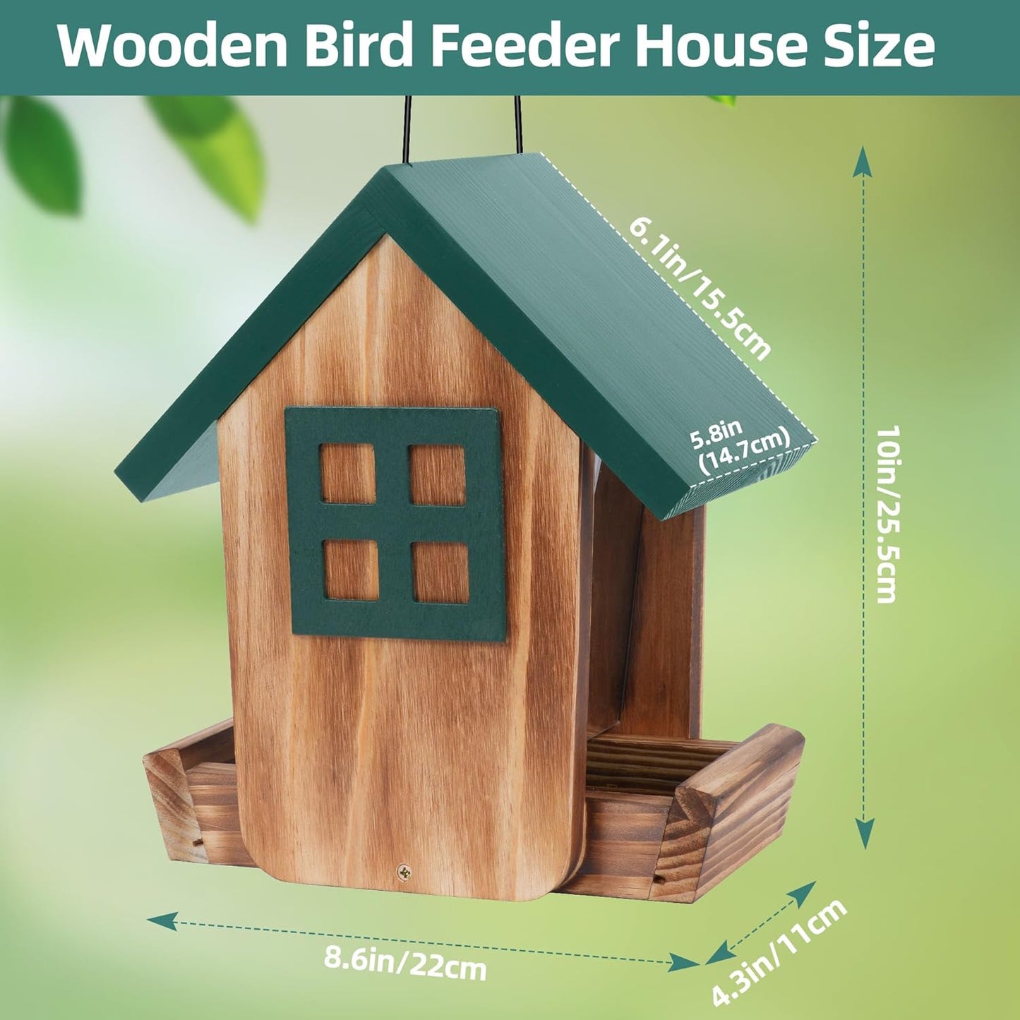 MIXXIDEA Bird Feeder for Outdoors Hanging, Wooden Bird Feeder House with Weatherproof Roof & Metal Tray, Attracting Wild Birds for Outside, Yard, Garden Decoration, Green