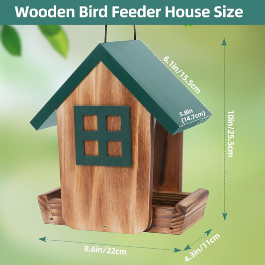 MIXXIDEA Bird Feeder for Outdoors Hanging, Wooden Bird Feeder House with Weatherproof Roof & Metal Tray, Attracting Wild Birds for Outside, Yard, Garden Decoration, Green