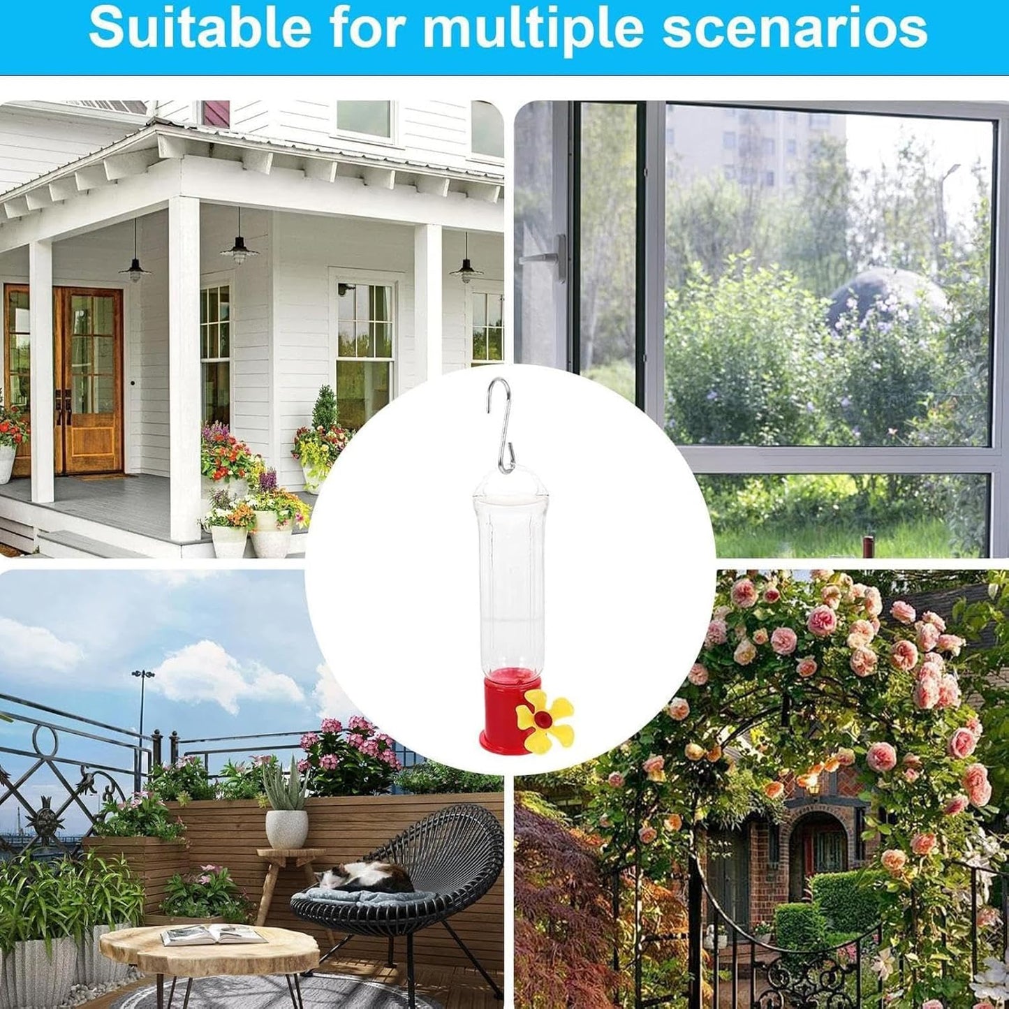 Hummingbird Outdoors Feeders, Transparent Feeding Station, 4 Piece Ant and Bee Proof Mini Feeder with Stainless Steel Hooks for Lawn, Backyard, Garden, Tree Decor, Outdoor Bird Feeding Display for