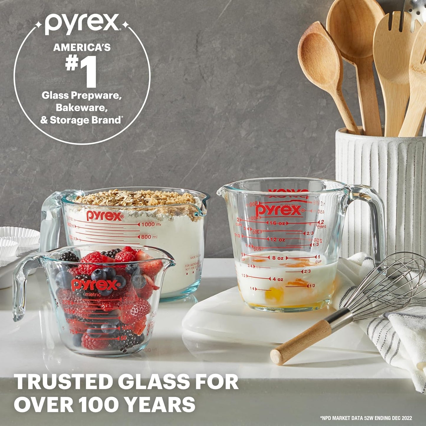 Pyrex Essentials (3-Pack) Glass Measuring Cups Set, (1, 2 & 4 Cup) Mea