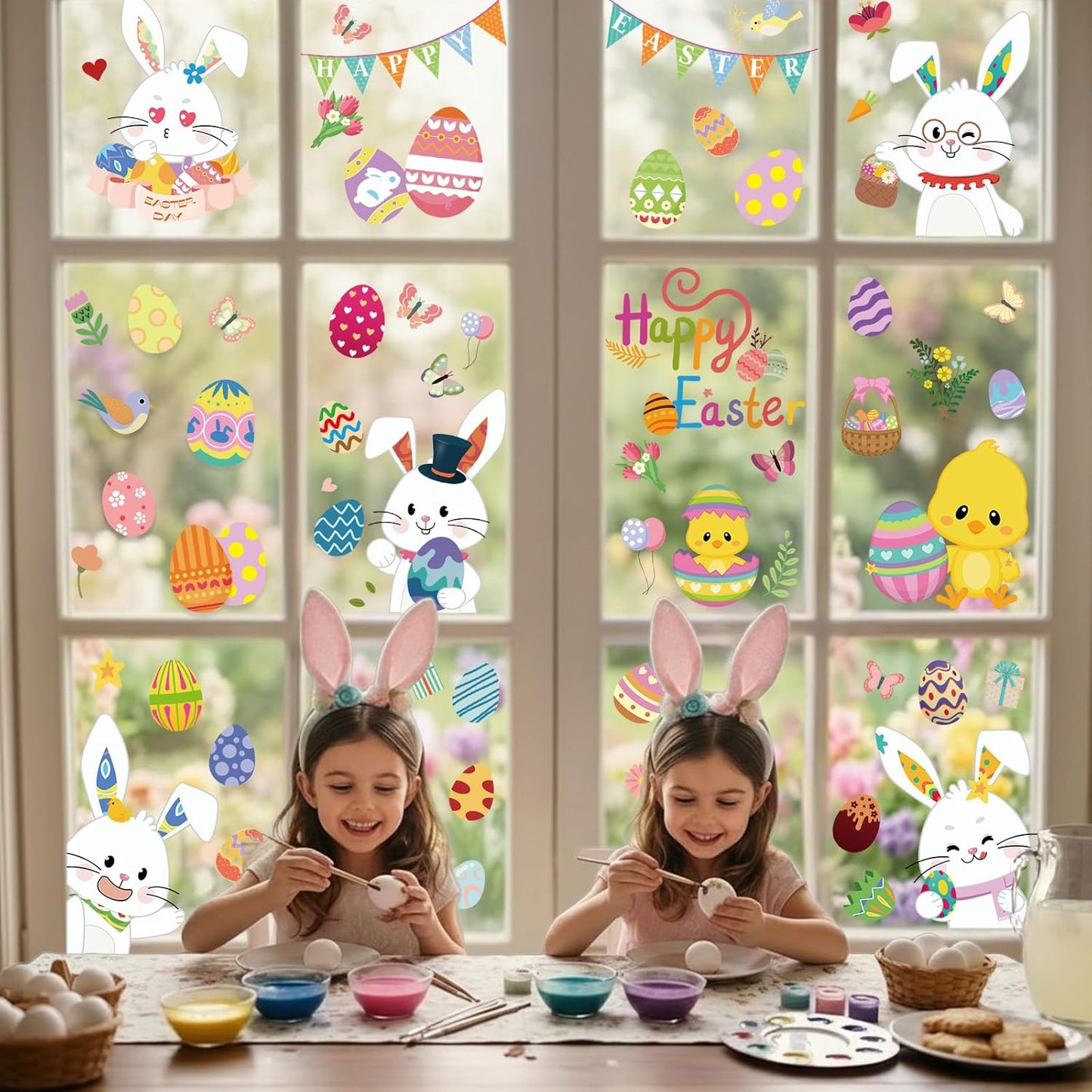 9 Sheets Easter Window Clings, Happy Easter Decorations, Eggs Bunny Rabbit Window Stickers for Home Office School, Spring Decals Decor for Glass Windows Doors