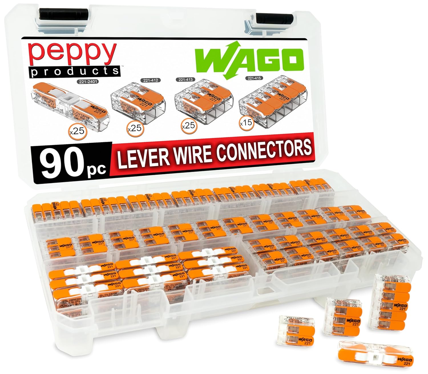 WAGO 221 Lever Nuts 90pc Compact Splicing Wire Connector Assortment wi