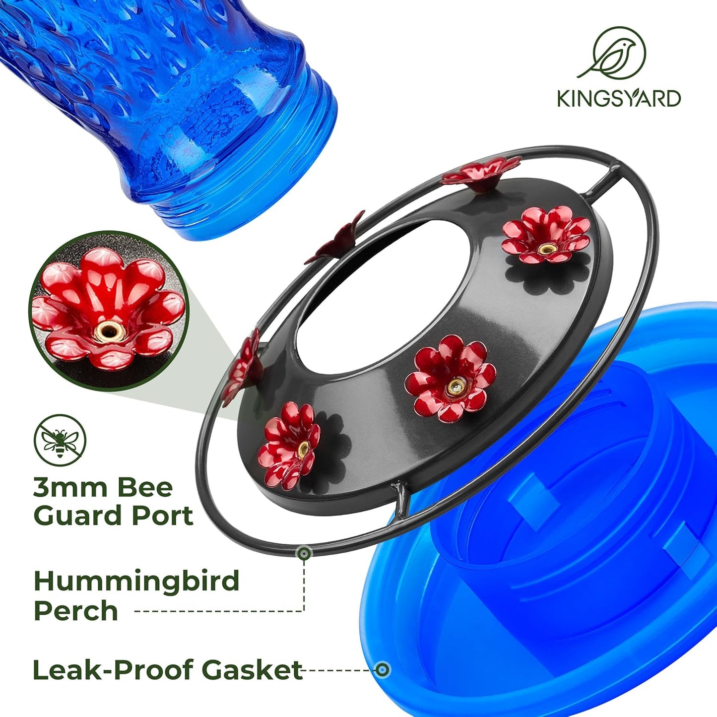 Kingsyard 2 Pack Glass Hummingbird Feeders for Outdoors Hanging, Wild Bird Nectar Feeder with 6 Feeding Ports, 24 oz Leak-Proof, Green & Blue (Ant Moat Included)