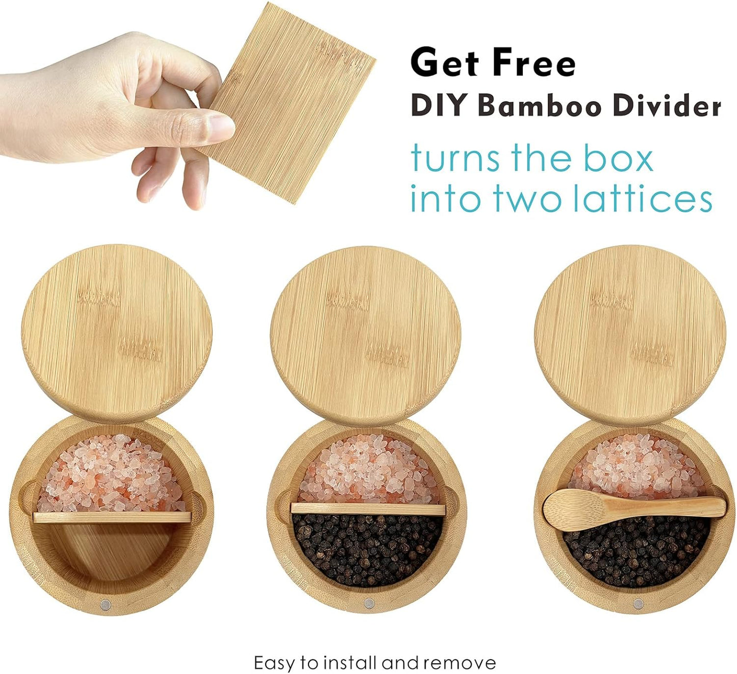 Salt Box Bamboo Salt Container with Swivel Lid with Magnetic to Easily Open and Seal Salt Cellar With Spoon for Storing Salt Pepper Sugar Herbs Small Spice Box