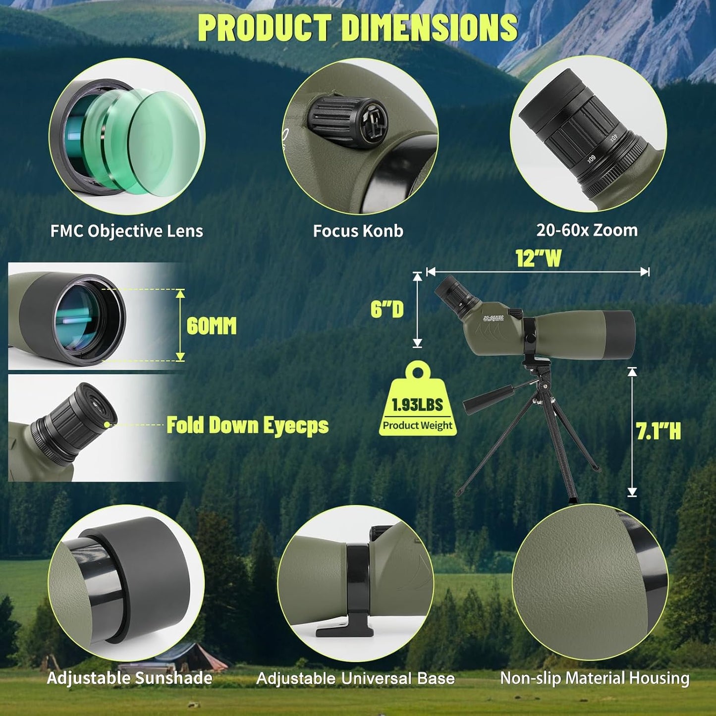 20-60x60 Spotting Scope, IPX7 Floating Waterproof Spotting Scopes for Target Shooting with Tripod BAK4 Prism & FMC Lens, Spotter Scope for Birding Wildlife Viewing, Phone Adapter Carrying Bag, Green