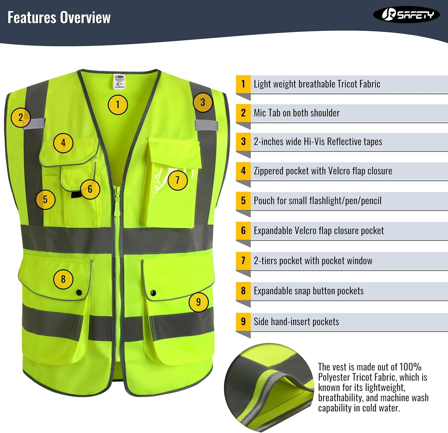 JKSafety 9 Pockets Class 2 High Visibility Zipper Front Safety Vest Wi
