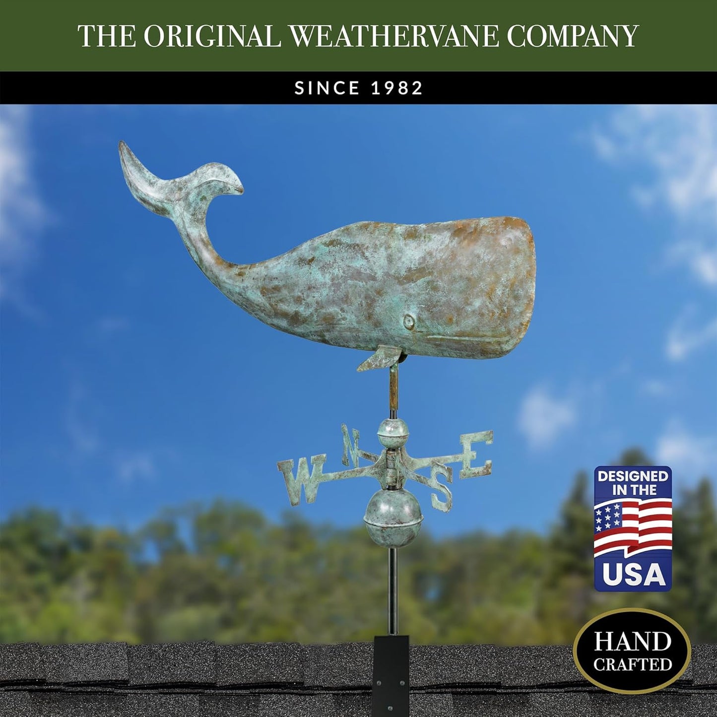 Good Directions 37" Whale Weathervane, Blue Verde Copper, Nautical, Patina