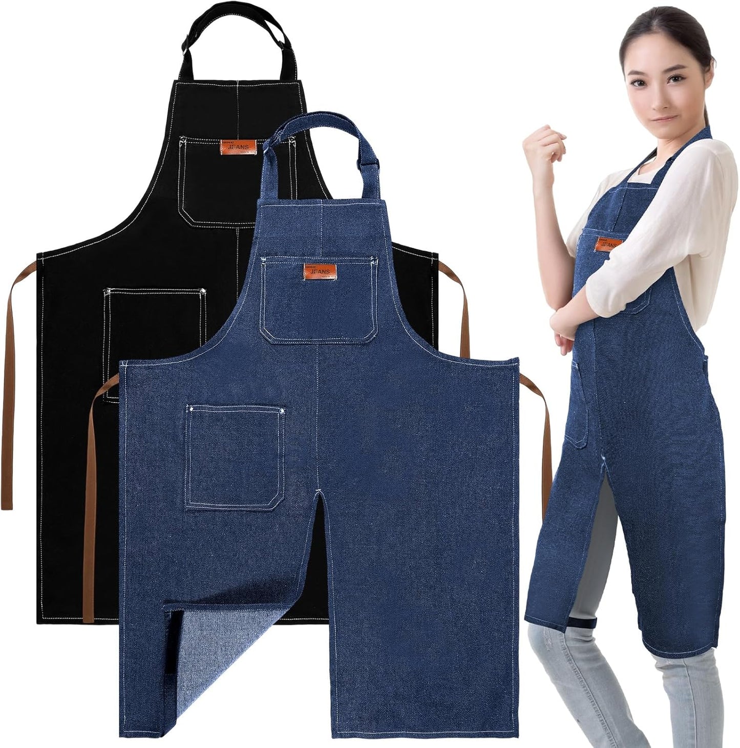 Cuffbow 2 Pcs Pottery Apron 35.4 x 27.6'' Denim Split Leg Apron with Tool Pockets Adjustable Strap Artist Potters for Ceramics Clay Tattoo Painting DIY, Blue, Black