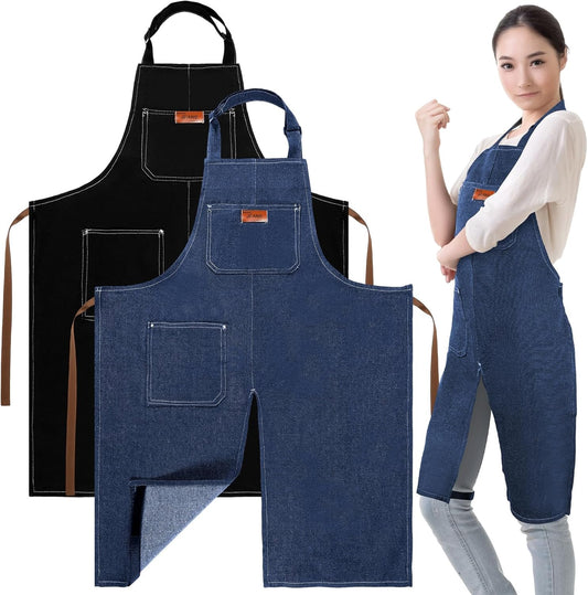 Cuffbow 2 Pcs Pottery Apron 35.4 x 27.6'' Denim Split Leg Apron with Tool Pockets Adjustable Strap Artist Potters for Ceramics Clay Tattoo Painting DIY, Blue, Black