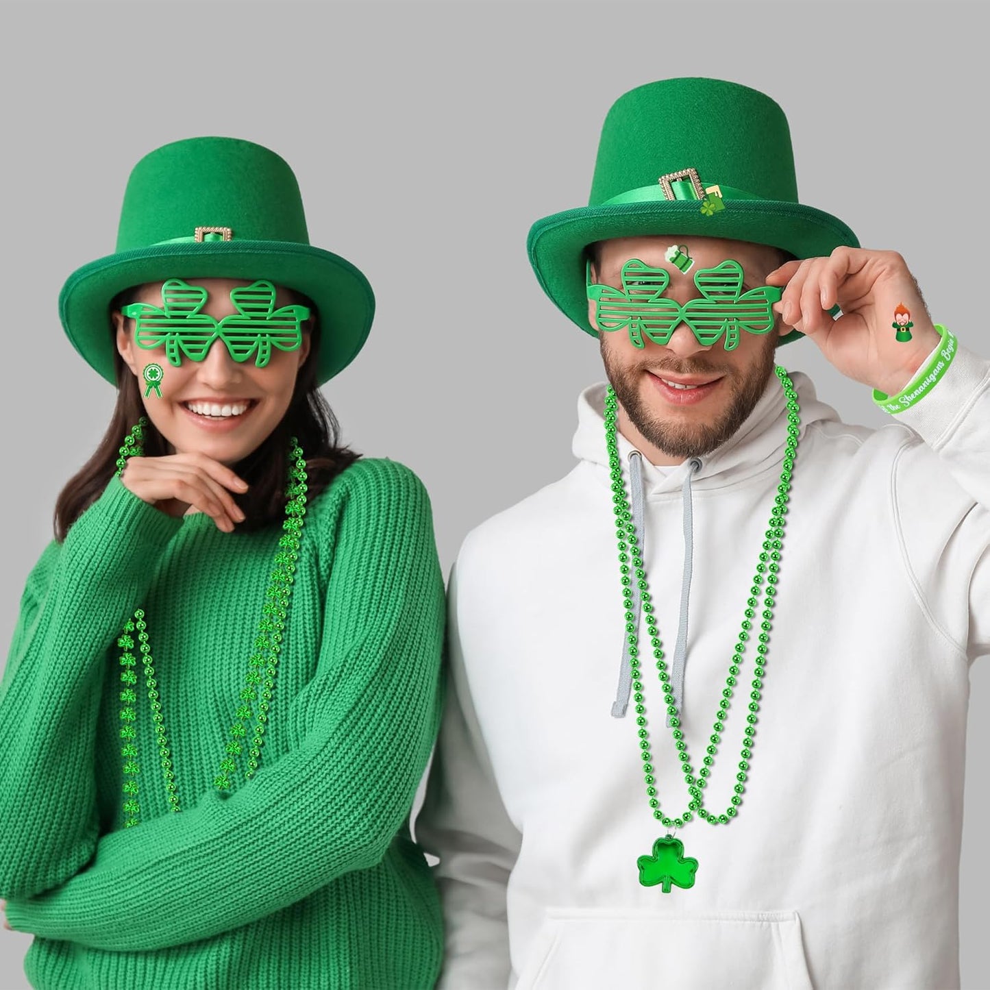 140PCS St Patricks Day Accessories, St. Patrick's Day Glasses Bracelets Tattoos Beads, Irish Glasses Bracelets Tattoos Beads Stuff Bulk, Shamrock Saint Patricks Parade Throw Party Favor Decor