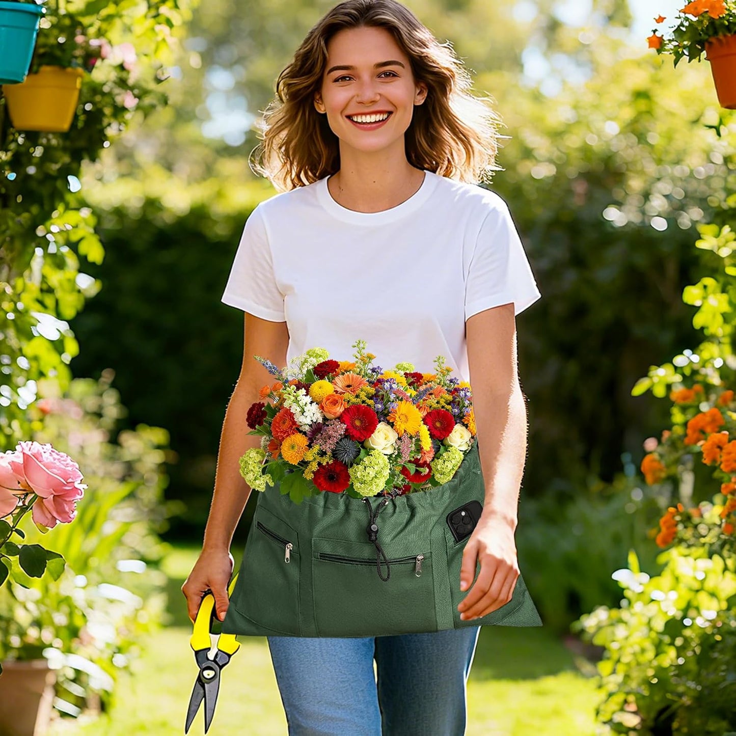 Gardening Apron, Garden Aprons with Pockets & Drawstring Bag, Waterproof 600D Fruit Storage Harvest Picking Apron Pouch for Women & Men