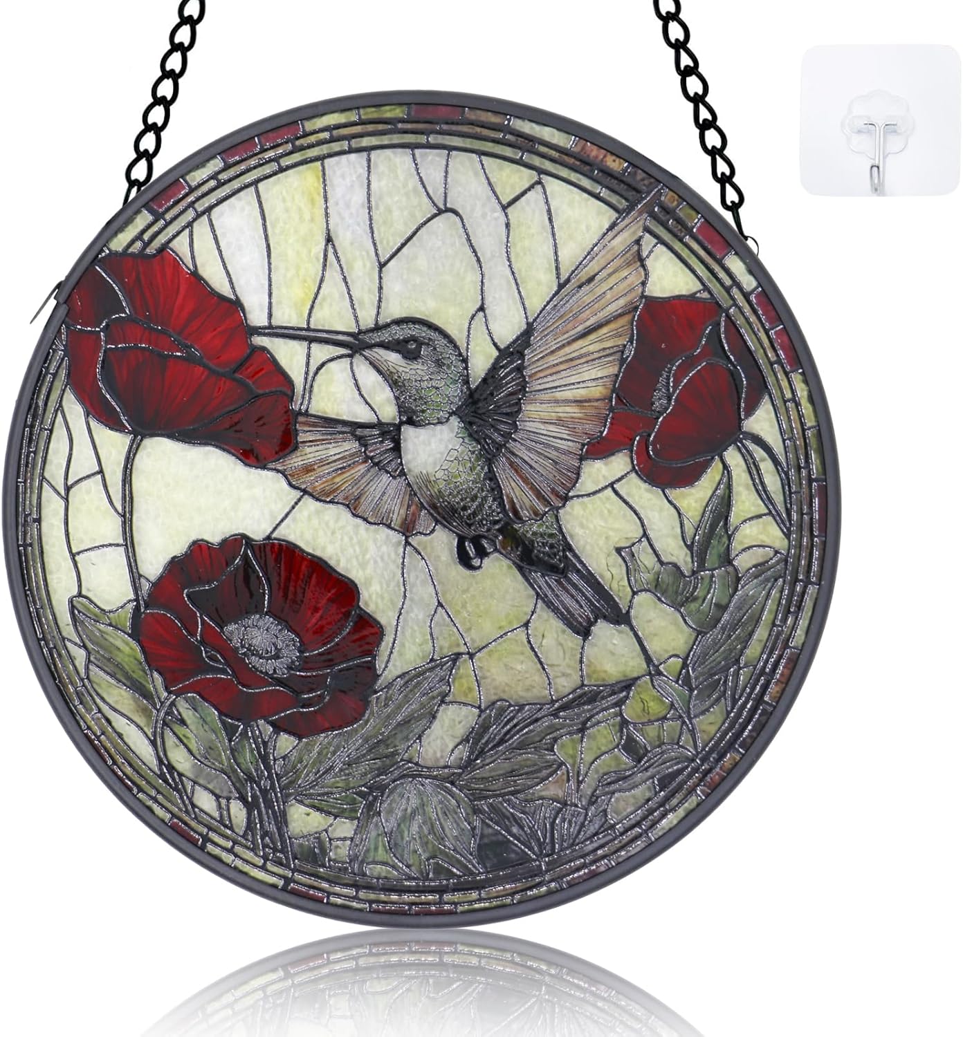 Stained Glass Window Hanging - 6.3 Inch Hummingbird Red Flower Suncatcher, Bird Suncatchers for Window Home Door Wall Garden Outdoor Decor and Birthday, Hummingbird Gifts for Adults Women Men Mom