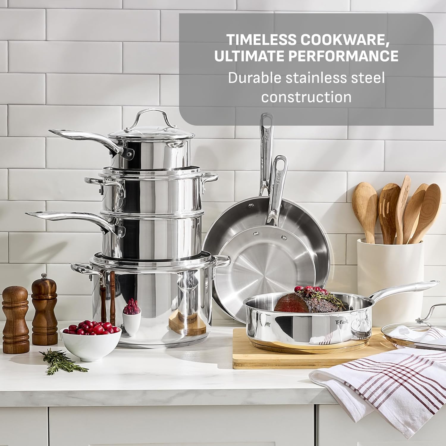 T-fal Stainless Steel Pots and Pans Set 11 Piece, Induction, Oven Broi