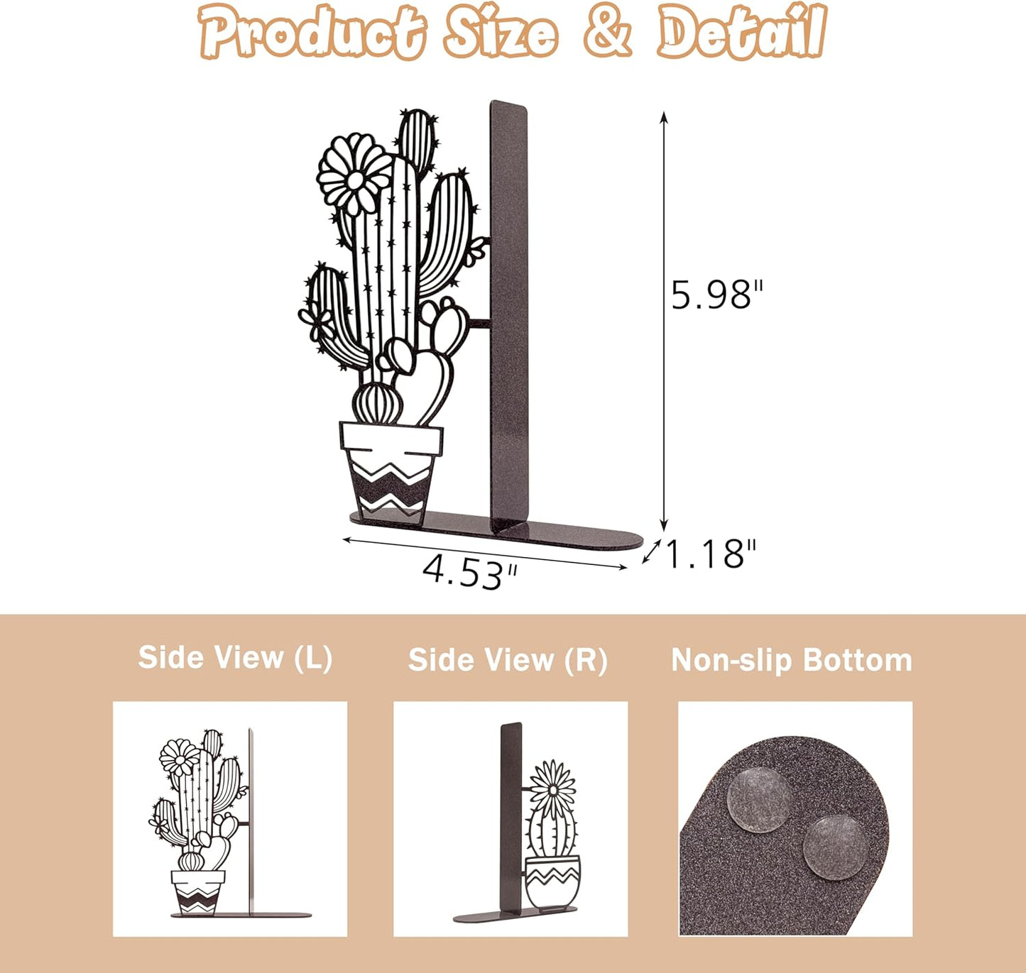 Metal Cactus Planter Book Ends, Dual Wave Pot Design Unique Cute Bookends with Rust Proof Coating, Home Office Decor & Gift for Book Lovers(Brown)