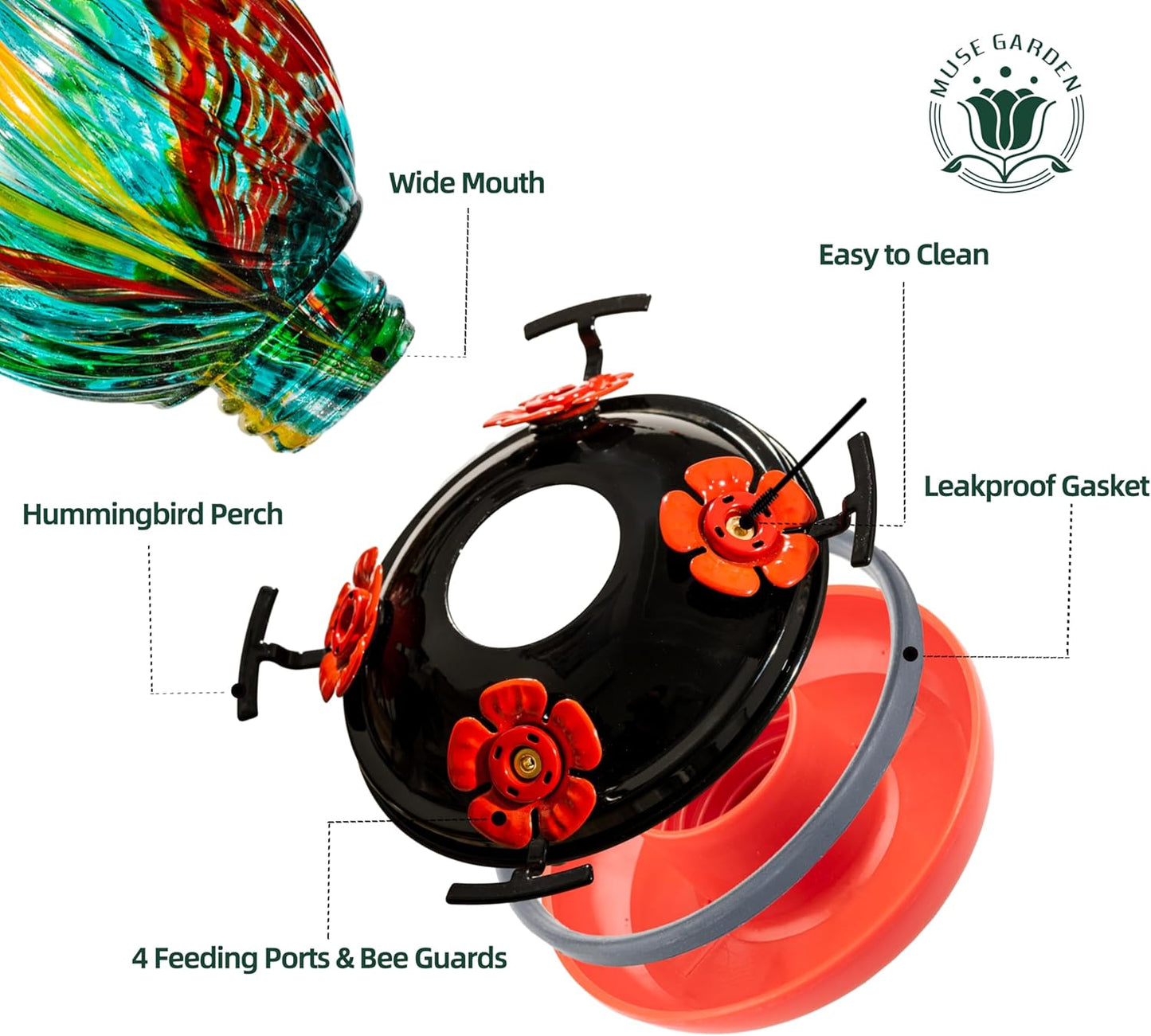Hummingbird Feeder for Outdoors Hanging, Hand Blown Glass 24 OZ Capacity Hummingbird Bird Nectar Feeders with 4 Feeding Ports, Gifts for Women Mom Outside Garden Backyard Decor