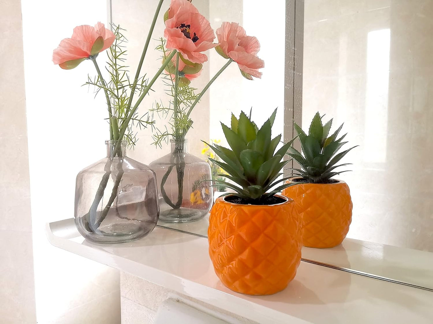 Porcelain Orange Pineapple Ananas Faux Green Plant Potted Artificial Succulent 7.8" Home Office Bathroom Tabletop Kitchen Shelf Decoration