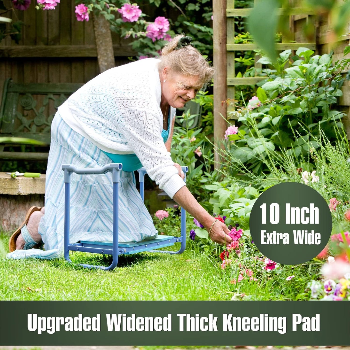 Jardineer Folding Garden Kneeler and Seat, 10 Inch Wider Kneeling Bench Stool, Portable Gardening Workseats with Tool Bag and Padded Cushion, Garden Gift for Women Seniors(Blue)