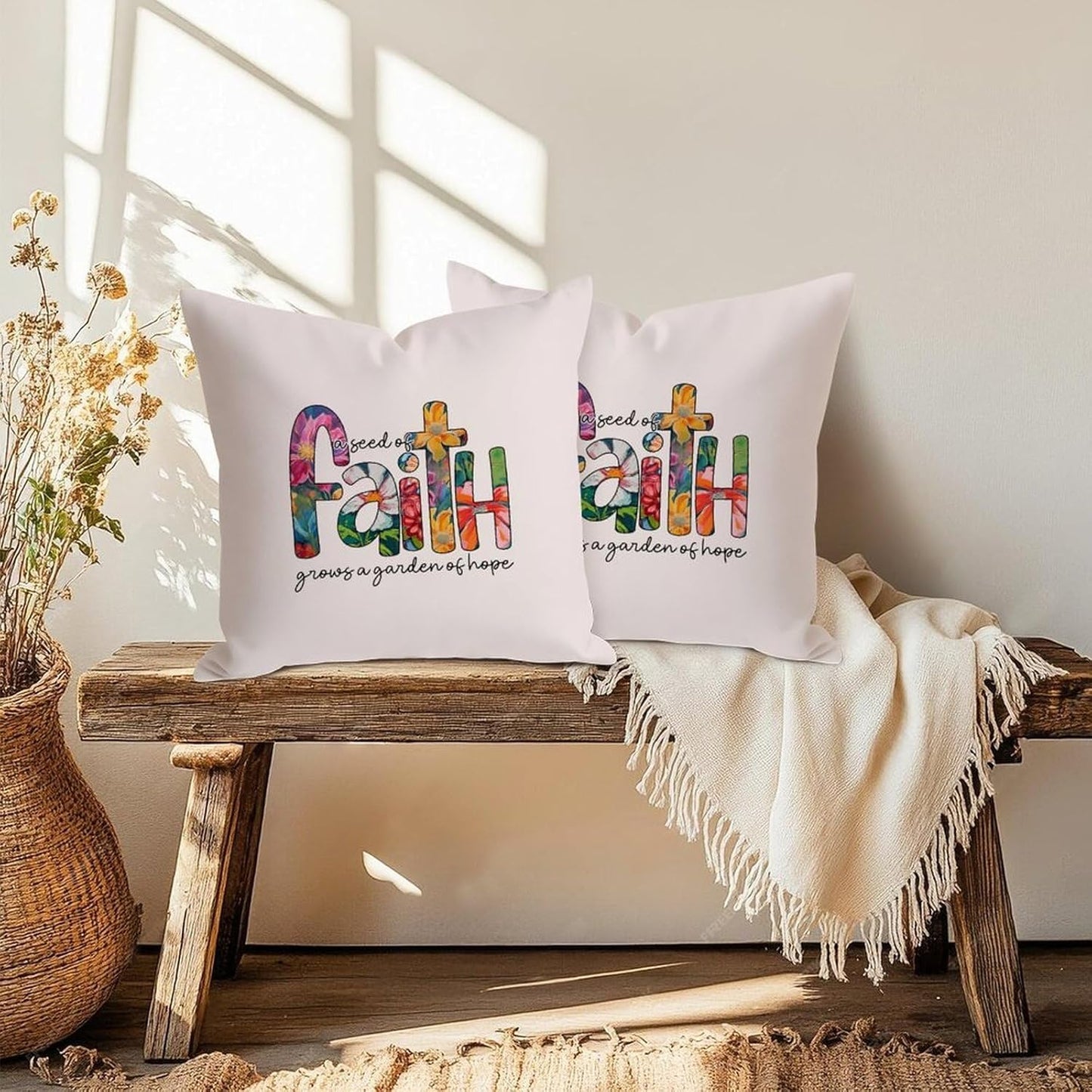 Christian Pillow Cases A Seed of Faith Grow A Garden of Hope Farmhouse Tapestry Cushion Case 24 Inch Customize Retro Decor for Office Chair Patio