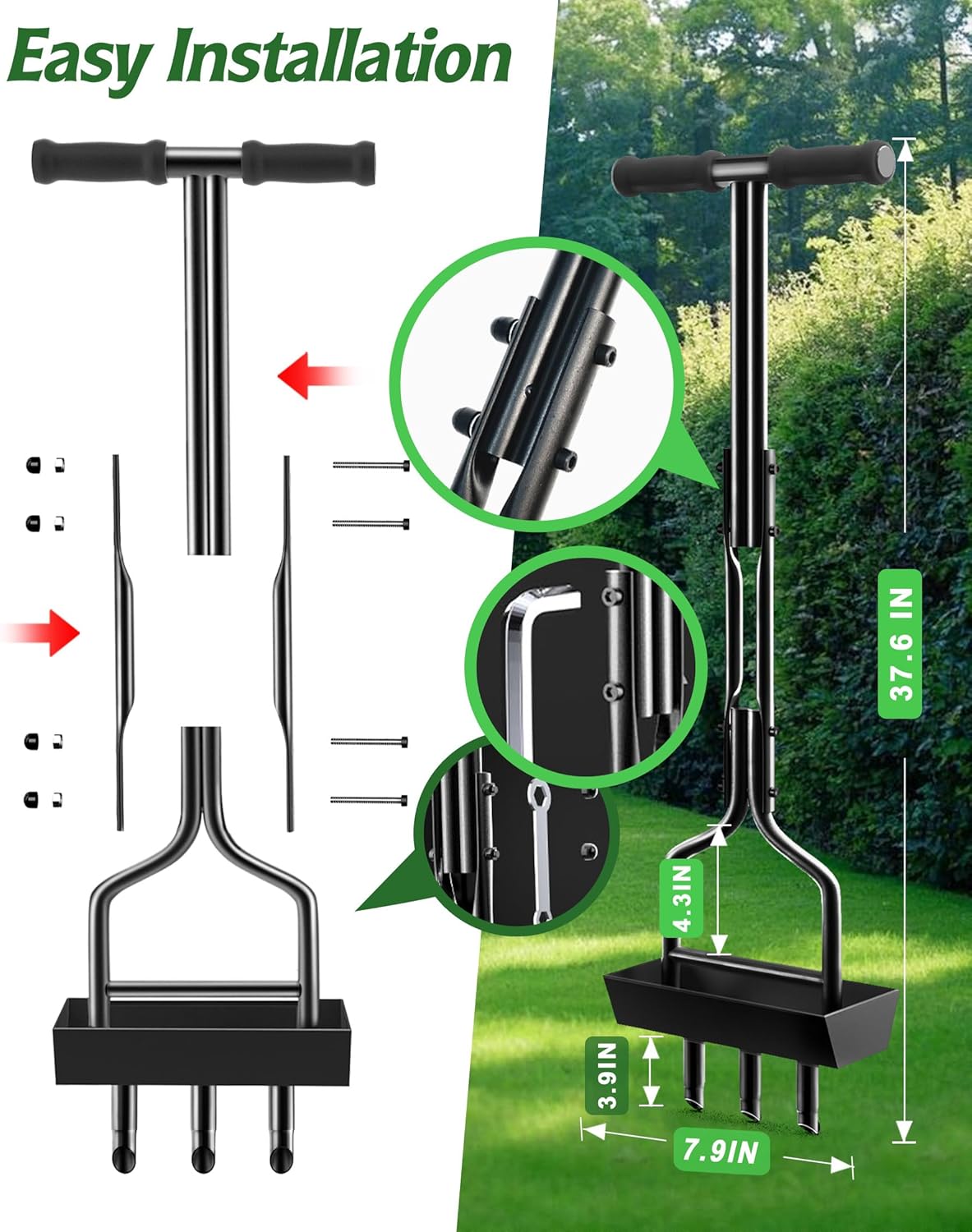 Lawn Aerator Garden Tool with Soil Core Tray, 38” Manual Grass Plug Ae