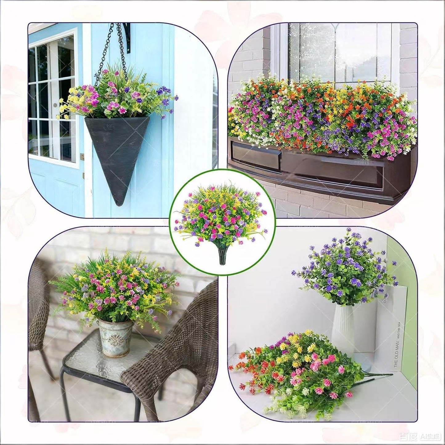 Red O 9 Pack Artificial Flowers Outdoor, UV Resistant Fake Flowers & Plastic Plants for Porch, Hanging Planter, Cemetery Pots - Yellow, Purple, Green Faux Flowers for Indoor Outside Decoration