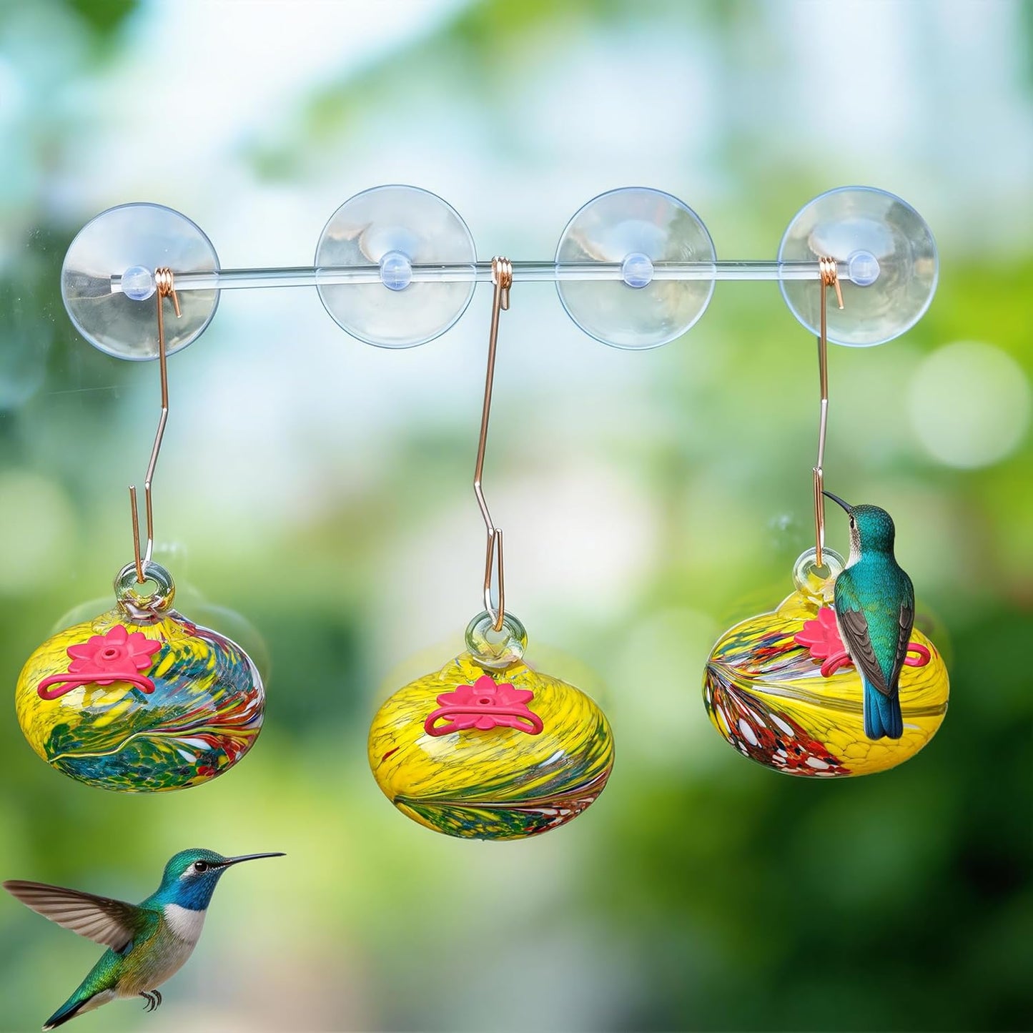 3Pcs Hand Blown Hummingbird Feedeers with Suction Cups for Window Hanging Ant and Bee Proof Glass Humming Birds Feeders Gifts for Woman Man