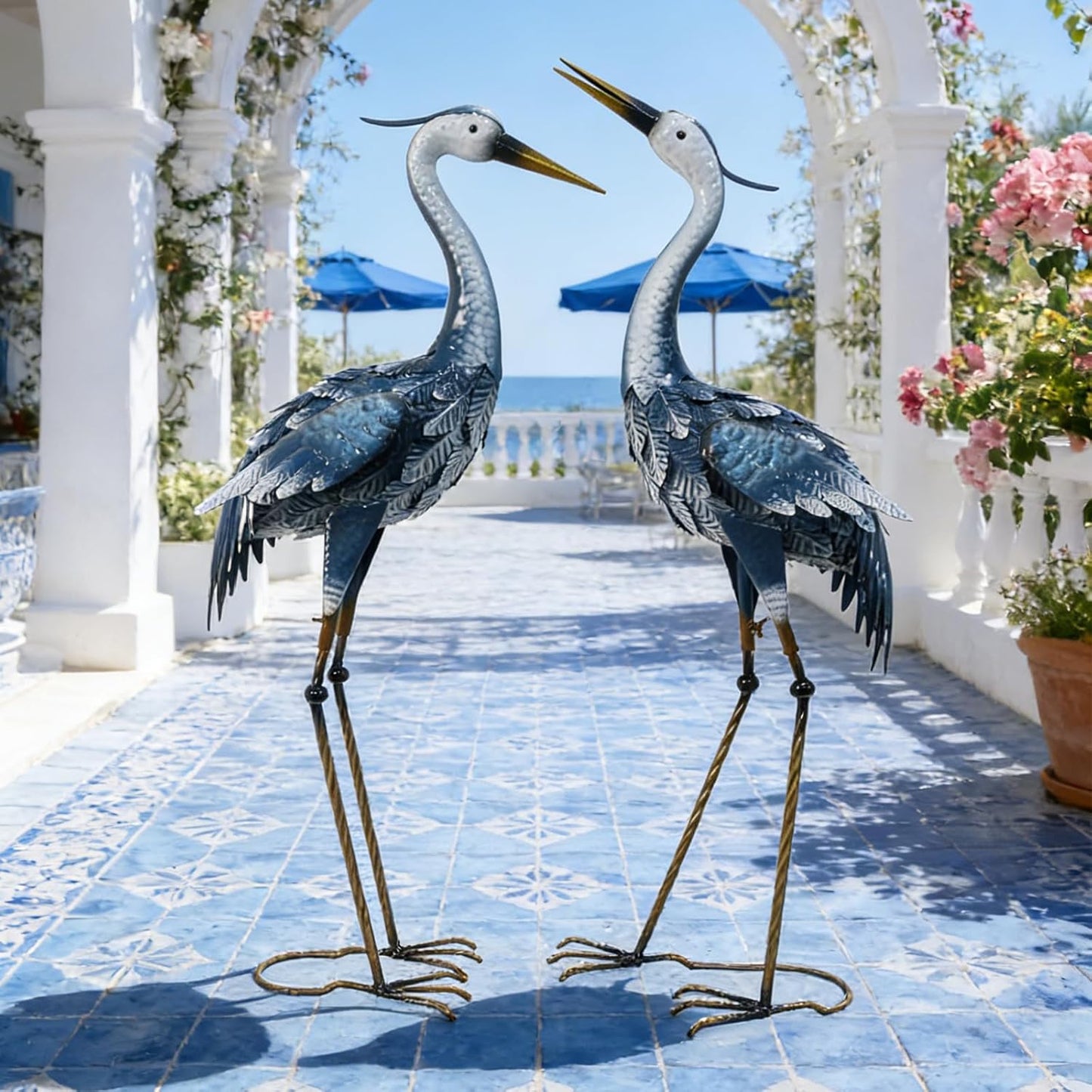 33-35 Inch Blue Heron Garden Statues, Metal Cranes Sculptures Outdoor, Bird Statues Set of 2