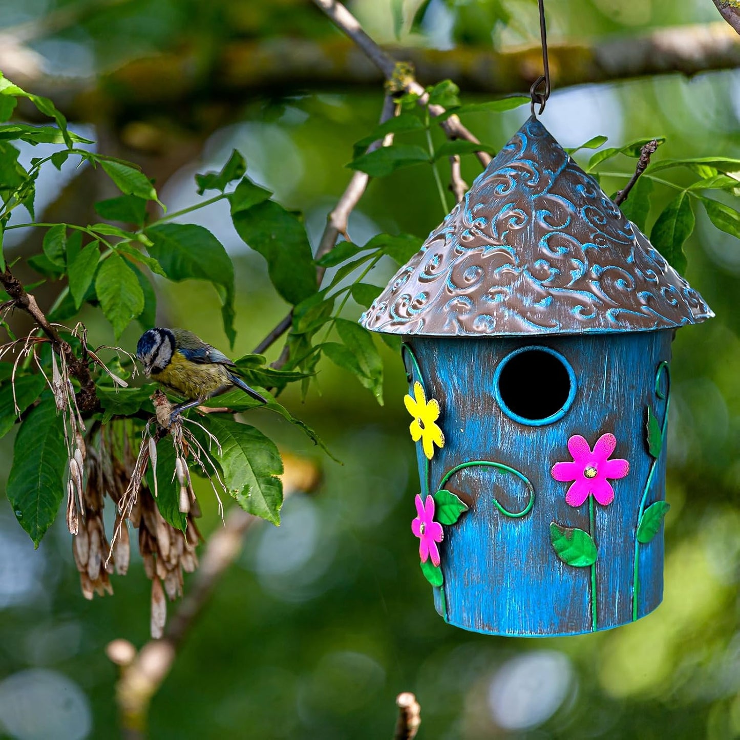 9.25" H Metal Hanging Decorative Birdhouse for Hummingbird with Paint - Bird Houses for Outside, Birdhouses for Outdoors, Bluebird Houses for Outside for Yard, Garden, Backyard. (Blue)