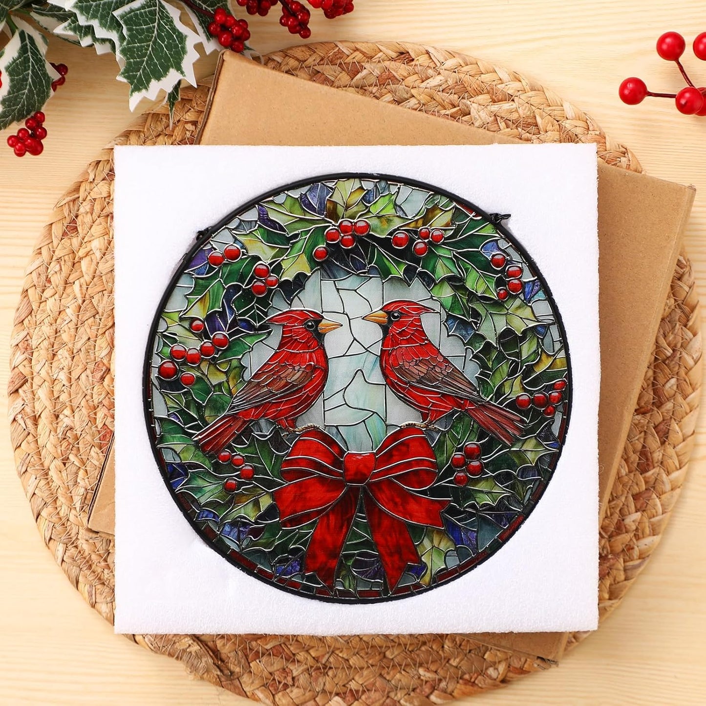 Pinkunn 7.9" Cardinal Stained Glass Window Hanging, Red Bird Sun Catcher Stained Glass Panel with Chain and Hook Cardinal Gifts for Women Christmas Winter Window Decoratios Mother's Day