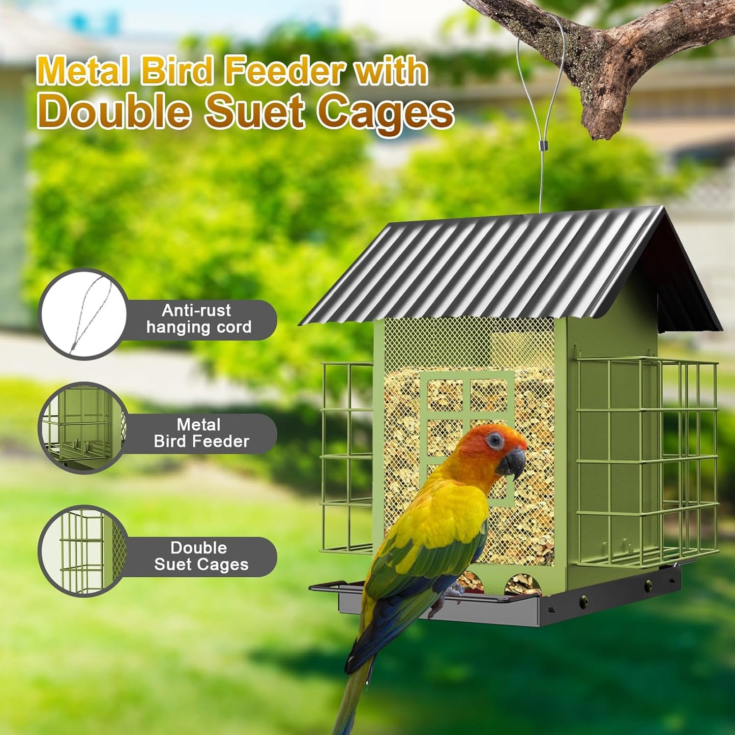 Bird Feeders for Outdoors Hanging, Metal Bird Feeder with Double Suet 