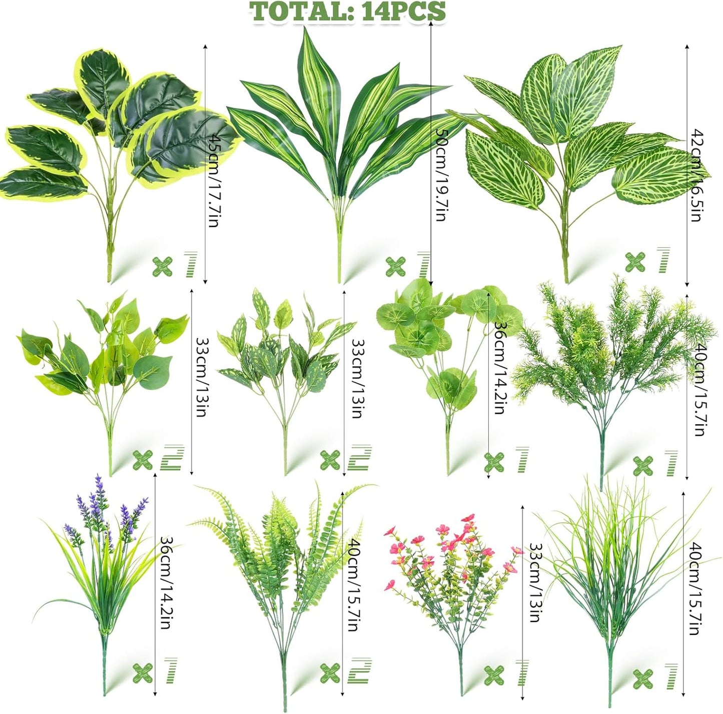 14 Bundles Artificial Greenery Outdoor UV Resistant,Realistic Faux Plants Flowers,Fake Bushes Shrubs Silk Flower for Pot Planter Window Box Garden Porch Indoor Spring Decor
