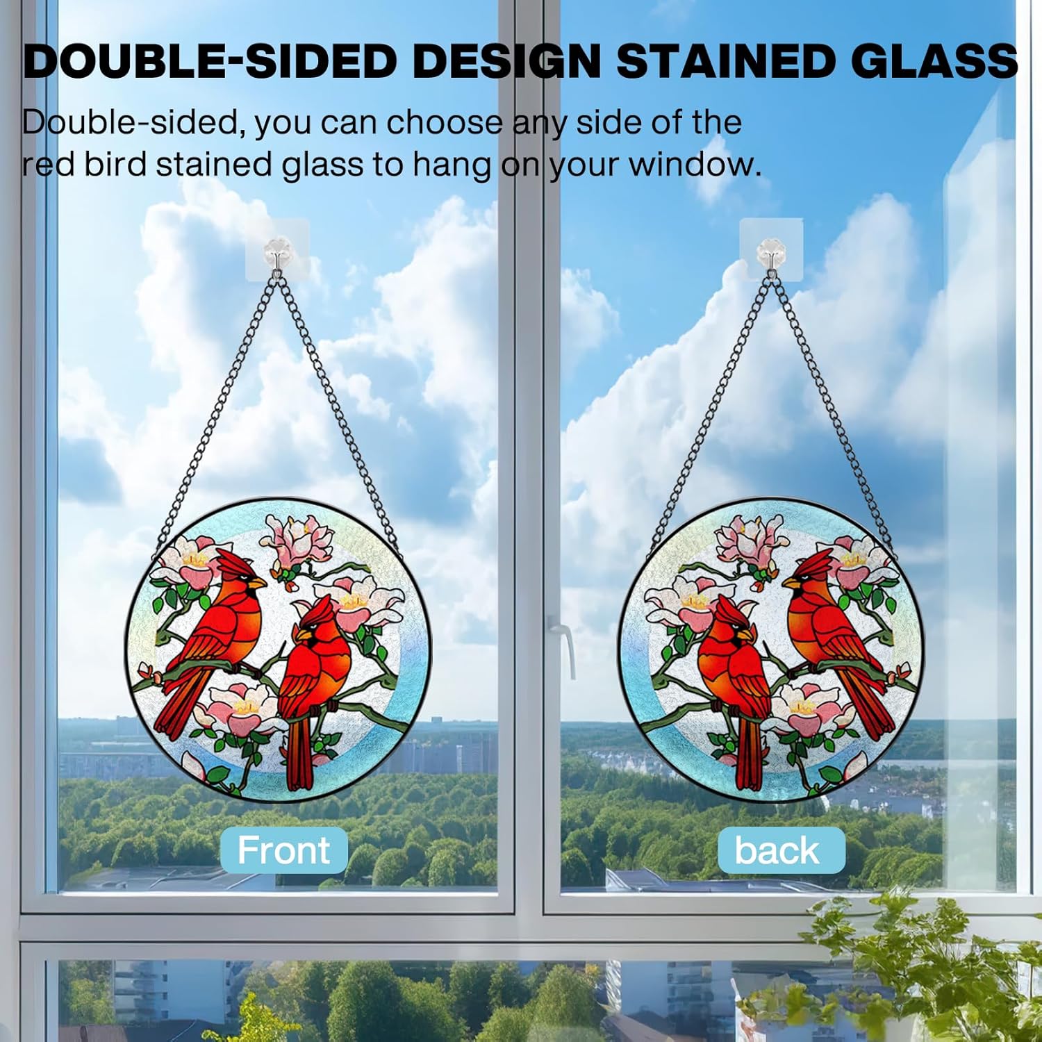 Stained Glass Window Hanging, Cardinals Suncatcher with Hook, Window, 
