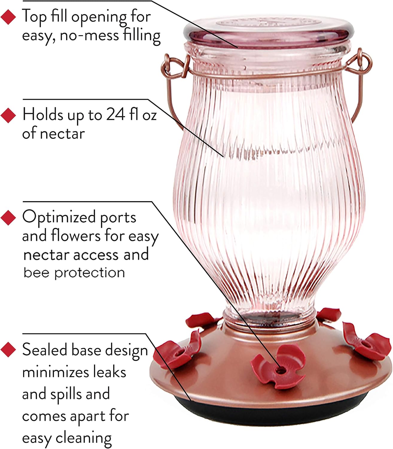 Perky-Pet 9104-2 Rose Gold Top-Fill Glass Hummingbird Feeder Rose Gold 24 oz Capacity