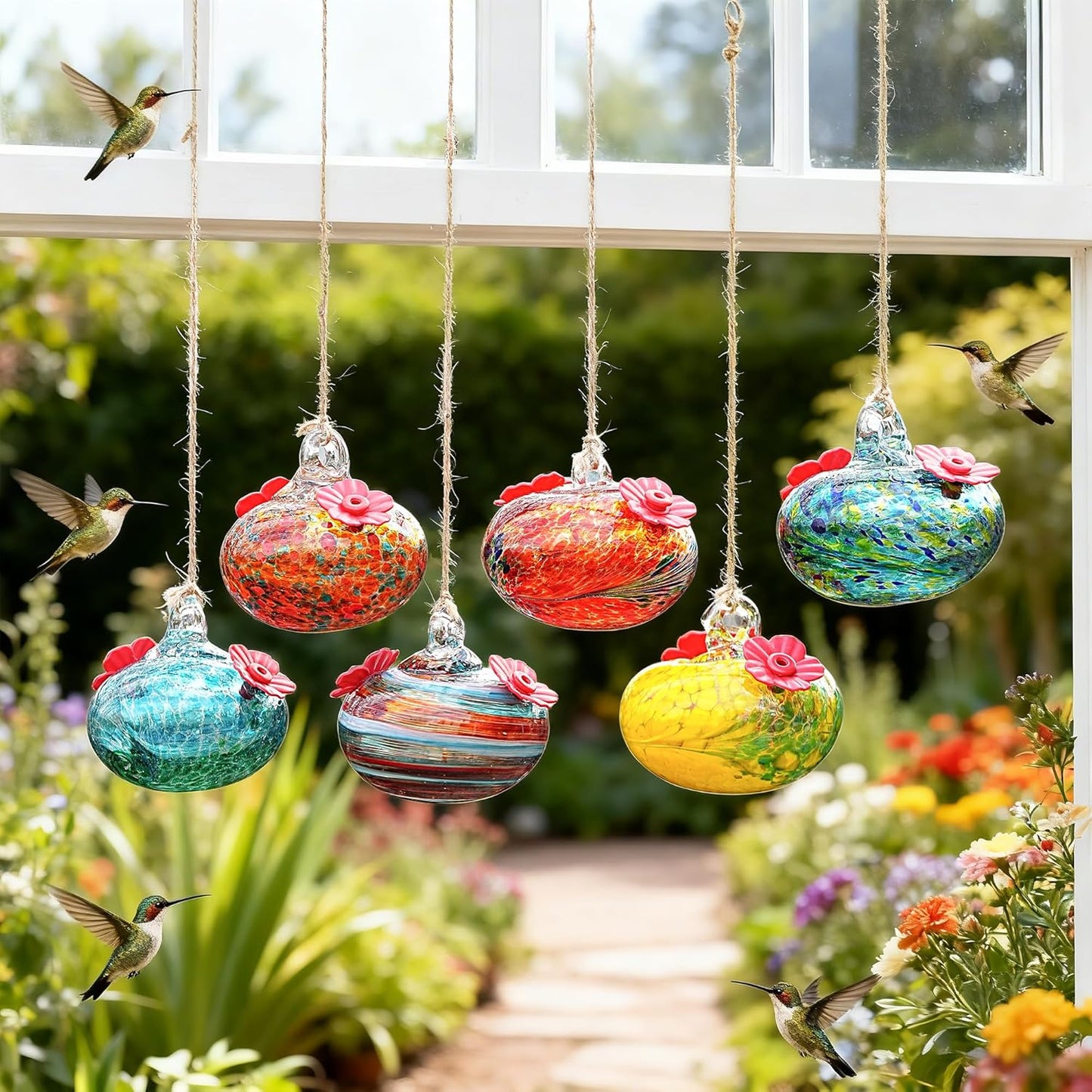 kanpura 6 PCS Hummingbird Feeders for Outdoors Hand Blown Glass Hummingbird Feeder with 2 Flower Feeding Ports Never Fade, Gardening Gifts for Woman Man