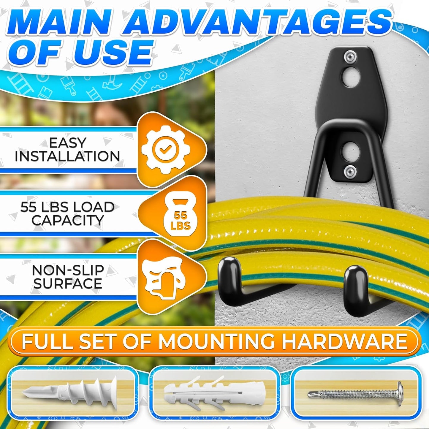 6Pcs Garage Hooks Heavy Duty - Wall Storage Organizer, Black Utility Hooks for Hanging Garden Tools, Hoses and Extension Cords, Steel Hooks, Easy to Install for Garage, Shed or Basement Organization