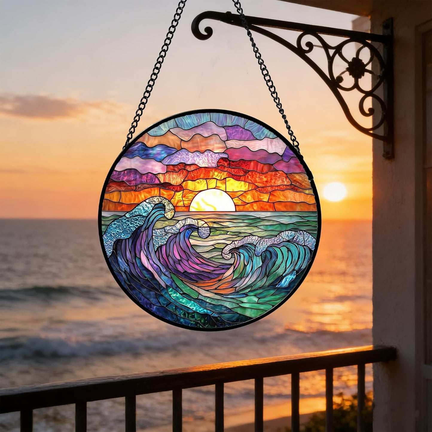 Stained Glass Window Hanging, Clouds and Sea Waves Suncatcher Diamond Glass Panel Hangings Scenery Sun Catchers Decor for Birthday for Women, Men, Wife, Aunt, and Mom 7.8 in