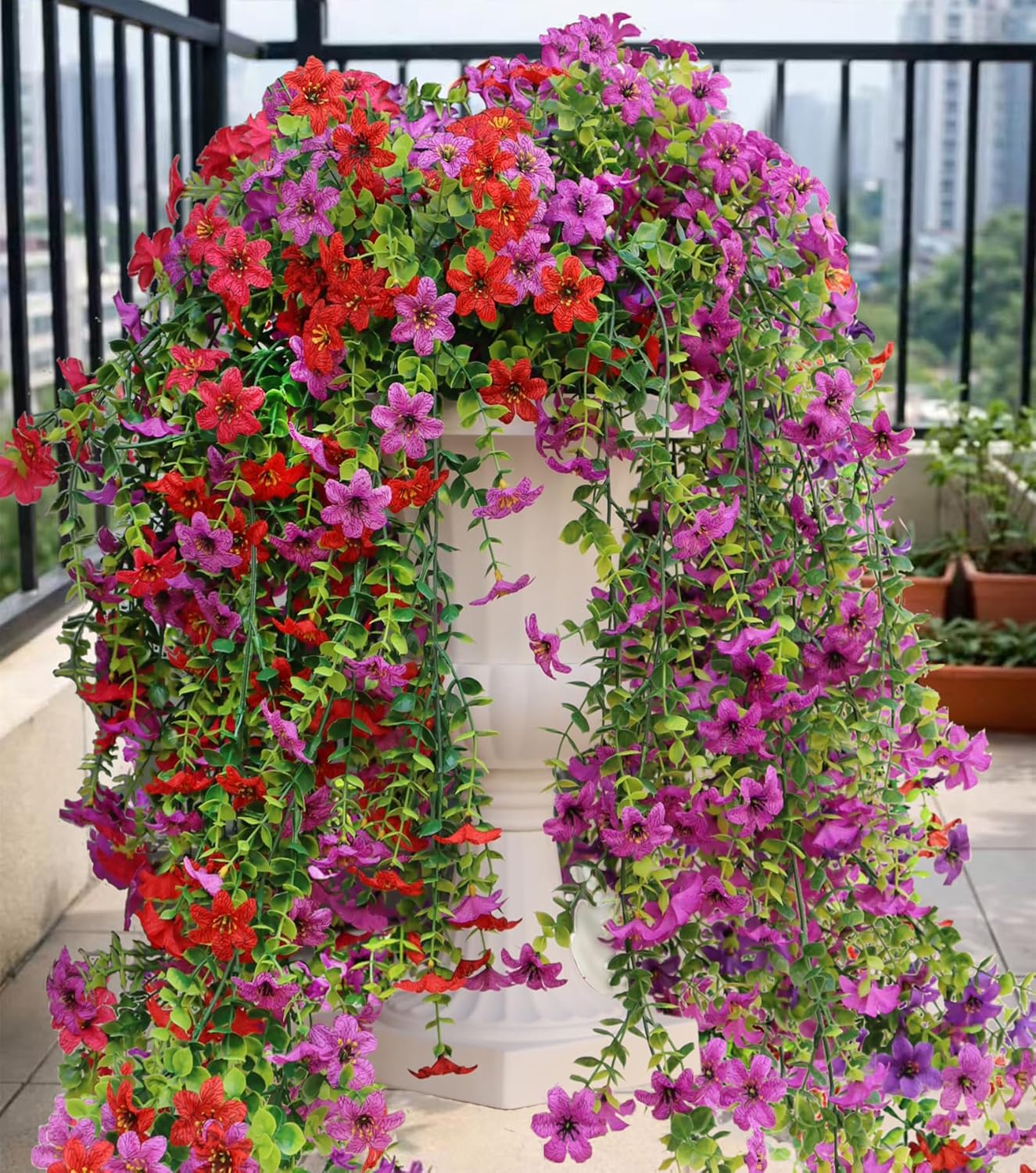 Artificial Hanging Flowers for Outdoors, 4 Pack Fake Hanging Plant for Spring Summer Decor, UV Resistant Faux Silk Flower for Planter Porch Patio Balcony Yard Decoration ( Light Purple & Rose Red)