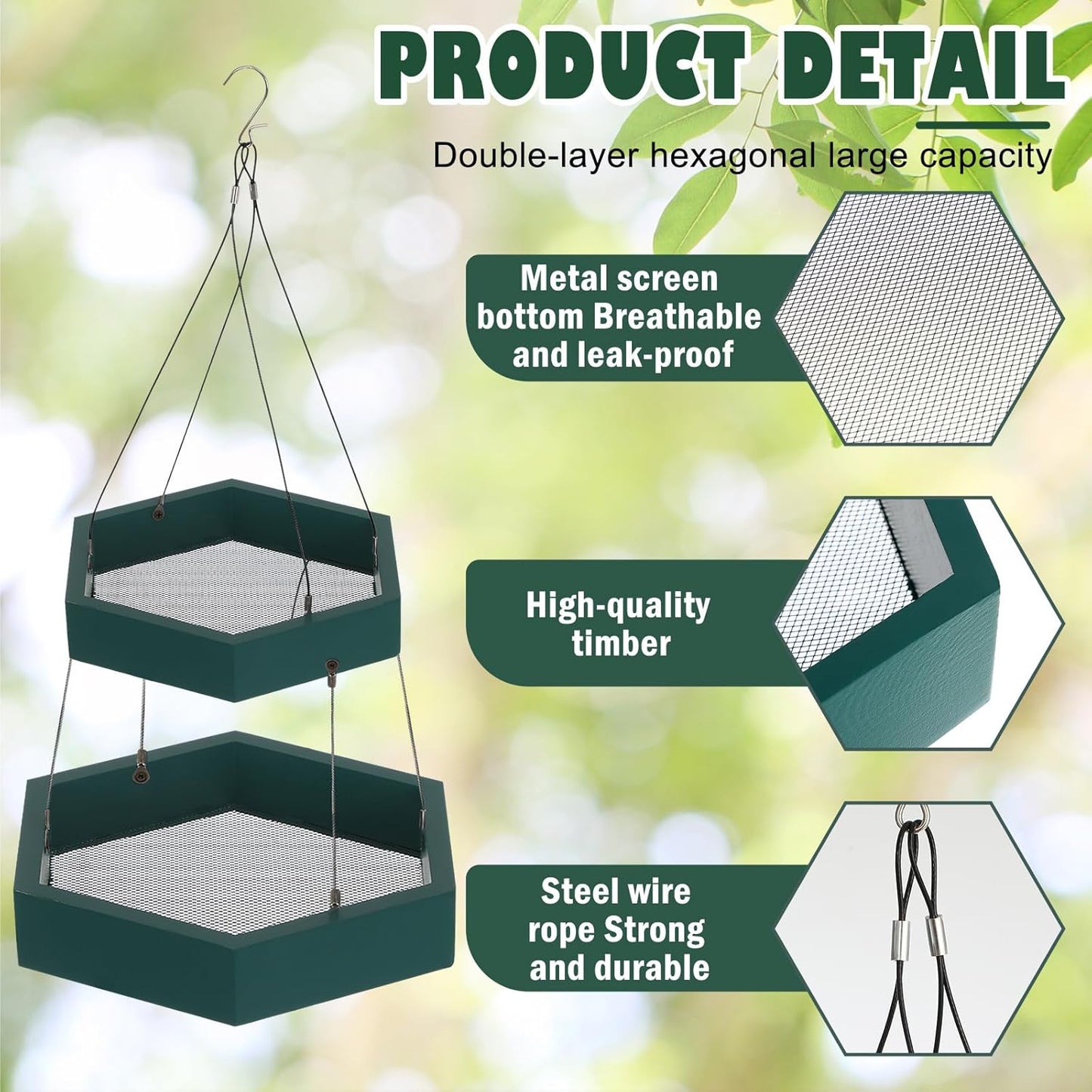 2 Pack 2 Tier Large Platform Bird Feeders for Outdoors Hanging Green Pine Wood Flat Birds Feeder Tray Outdoor Wild Bird Seed Feeder and Decor, Hexagon