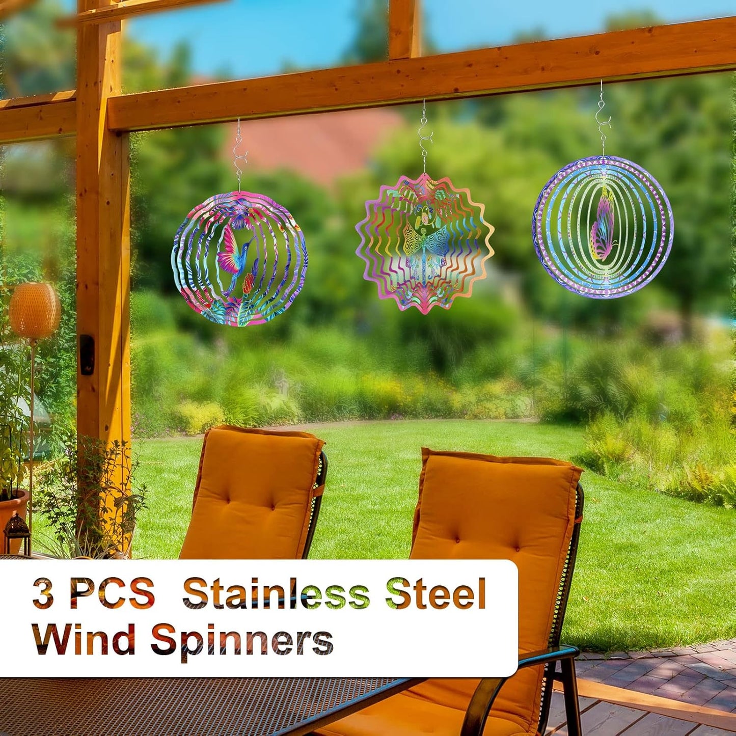 3 Pack Stainless Steel Wind Spinner Butterfly Dragonfly Hummingbird for Yard and Garden 12 Inch 3D Metal Wind Spinner Hanging Outdoor Porch Decor Art Kinetic Sculptures for Indoor Outdoor Decorations