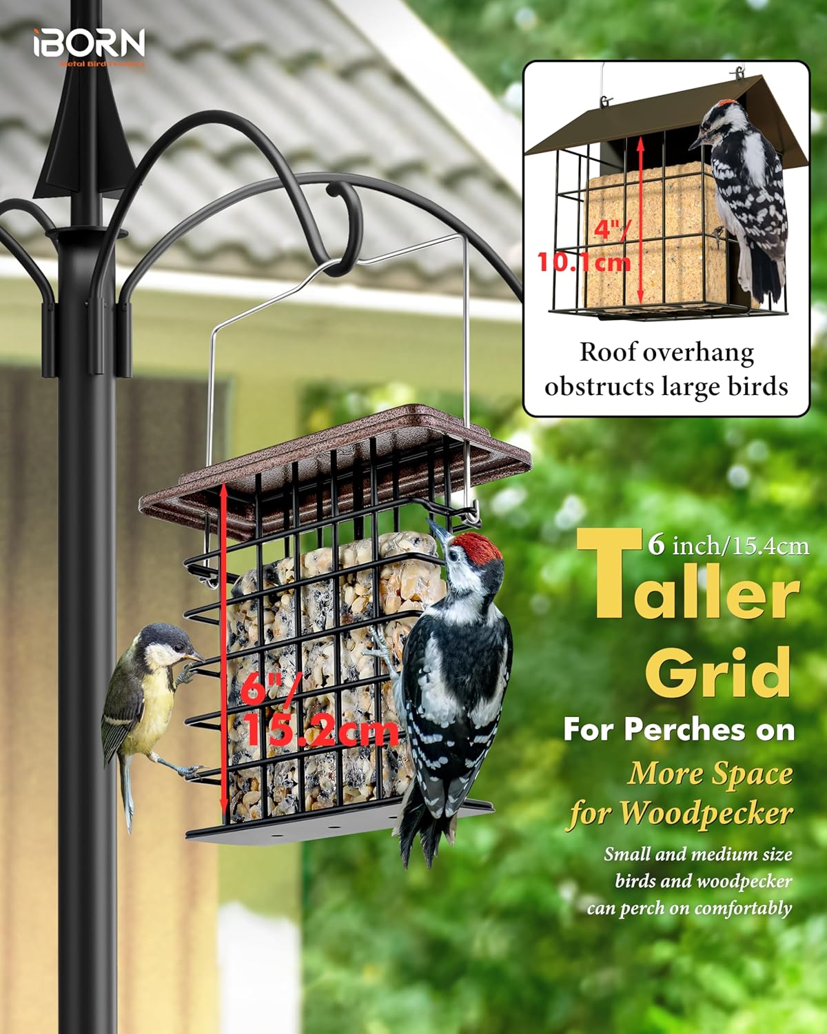 iBorn Suet Feeder Suet Bird Feeders [Single Capacity] for Outside Hanging with Taller Grid for Woodpecker,Metal Coffee（Pack of 1）